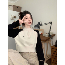 批发抖音天猫质量撞色小众半高领拉链针织衫设计感小众别致女套头上衣