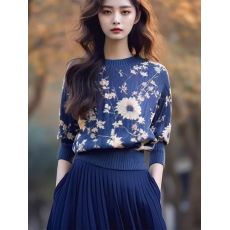 批发蓝色印花打底毛衣<b class='q'>女士</b>早秋新款时尚上衣小个子穿搭宽松长袖针织衫