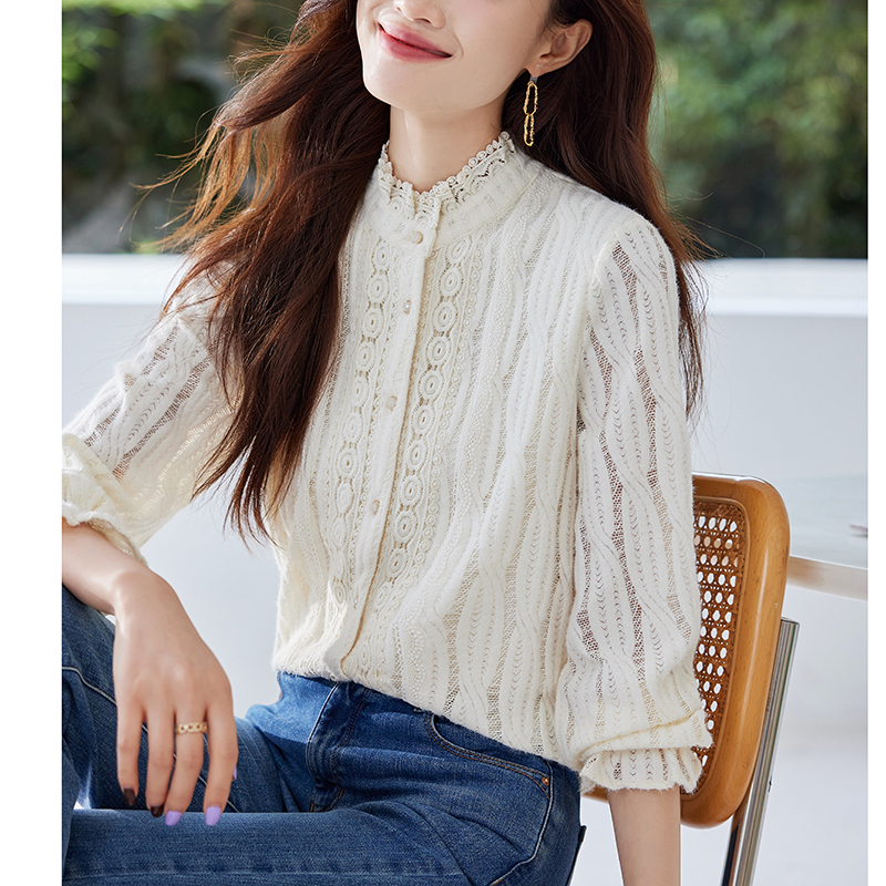 있음 선적 실사 2026 가을 겨울 새로운 두꺼운 긴팔 레이스 기본 셔츠 여성 레이스 셔츠