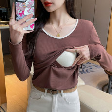 批发实拍 早春哺乳纯棉T恤产后百搭显瘦月子服喂奶打底上衣哺乳衣