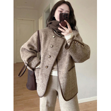 批发法式赫本风圆领毛呢外套女美拉德2025秋复古气质宽松休闲呢子上衣