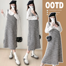 实拍 2026春季新孕妇装时尚设计感孕妇背带裙＋宽松打底衫两件套