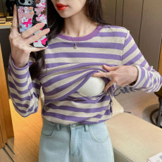 批发实拍早春新款哺乳衣纯棉哺乳条纹T恤产后百搭显瘦喂奶衣