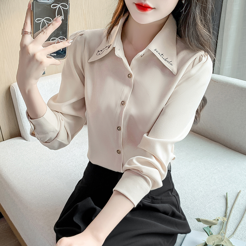 MY1111# 新款磨毛加厚时尚通勤衬衫气质绣花长袖上衣女裝貨源服裝批發