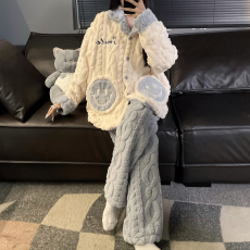 批发 M-5XL男女士情侣睡衣珊瑚绒翻领加厚加大套装