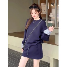 批发韩系氛围感卫衣穿搭一整套装小个子气质显瘦收腰设计感蓝色半身裙