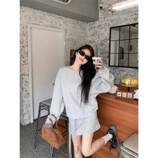 批发韩系高级感穿搭套装蓝色格子拼接长袖卫衣女半身裙短裙两件套