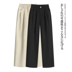 批发杏色毛呢阔腿<b class='q'>西装</b>裤女秋冬加厚高腰直筒仿羊毛小个子窄版加绒裤