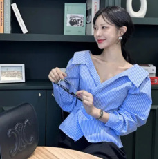 批发尺寸已更新 韩国chic气质优雅翻领斜口设计收腰显瘦衬<b class='q'>衫</b>上衣衬<b class='q'>衣</b>
