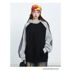 批发连帽卫衣条纹撞色拼接重磅360G宽松休闲学生百搭潮牌日系上衣秋季