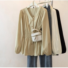 批发实拍大码女装2025春季新款显瘦收腰松紧褶皱长袖衬衫上衣