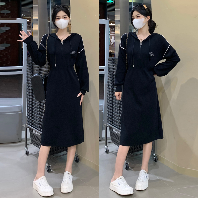 PF23461#大码女装胖MM连帽设计感针织毛衣收腰显瘦慵懒风连衣裙女裝貨源服裝批發
