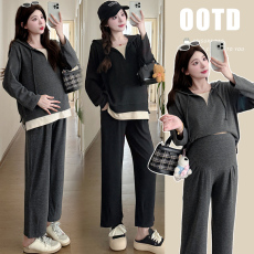 批发实拍2026孕妇慵懒风连帽假两件上衣春款显瘦<b class='q'>休闲</b>阔腿裤两件套装