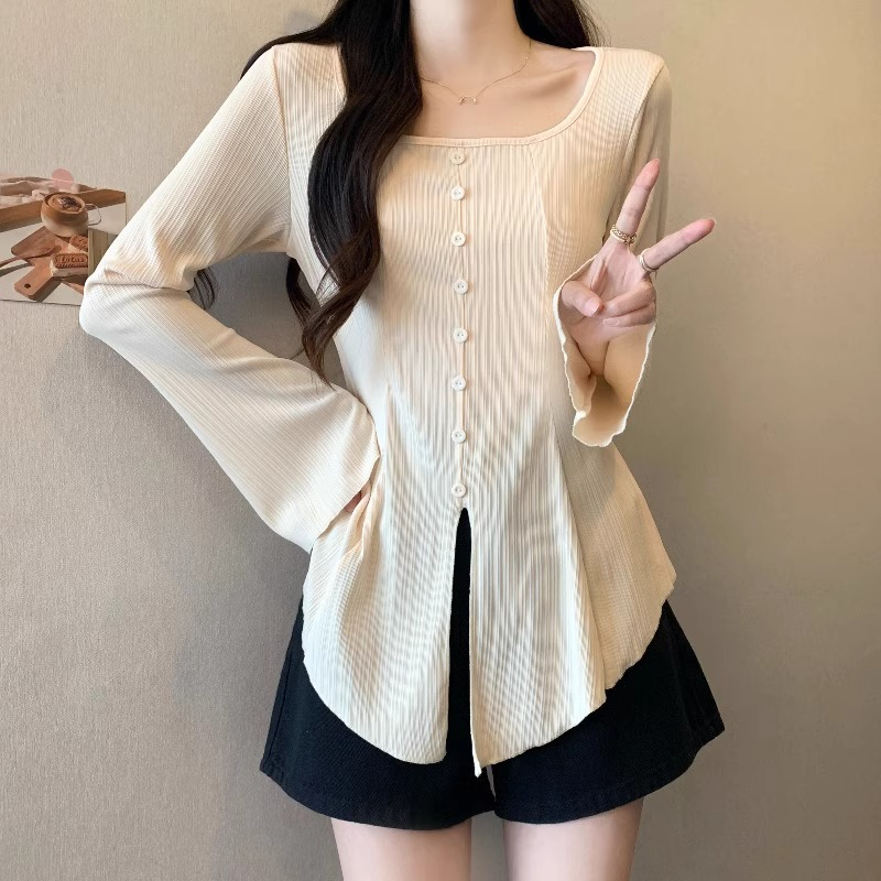 PF23020#方领长袖T恤女秋大码胖mm收腰遮肚小衫不规则开叉上衣女裝貨源服裝批發