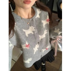 批发韩版蝴蝶结小狗立体提花圆领针织衫女春单排扣<b class='q'>甜美</b>毛衣开衫外套