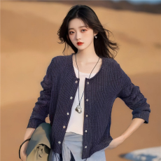 批发AI图 假两件套圆领休闲百搭抽绳<b class='q'>开衫</b>女新款慵懒风长袖T恤上衣