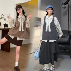 批发抖音爆款孕妇装奶茶啵啵<b class='q'>秋</b>季小众温柔感奶茶色背带马甲女