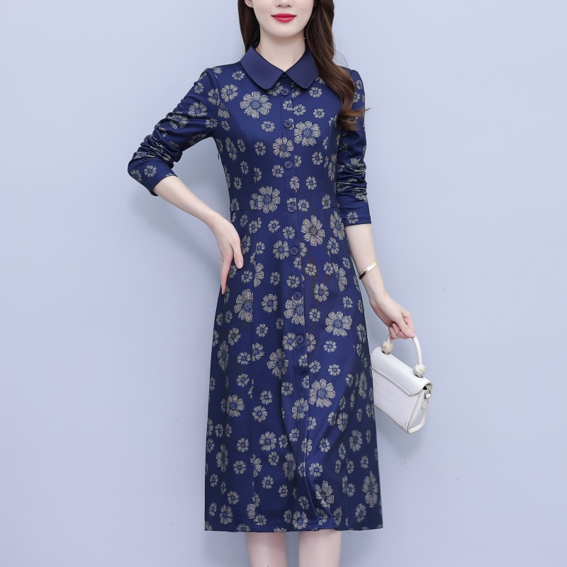 PF26314# 贵夫人长袖碎花连衣裙女新款高档品牌洋气质妈妈旗袍裙子女裝貨源服裝批發