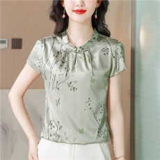 批发竹叶印花真丝短袖女衬衫2025夏季新款中国风盘扣桑蚕丝上衣小衫