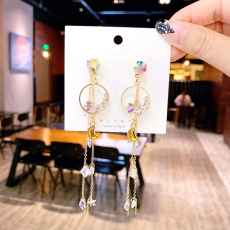 批发s925银针满天星贝壳耳环女长款气质圆脸适合的耳饰品显瘦