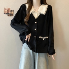 批发实拍~大码胖mm宽松假两件拼接撞色百搭显瘦上衣衬衫T恤长袖上衣