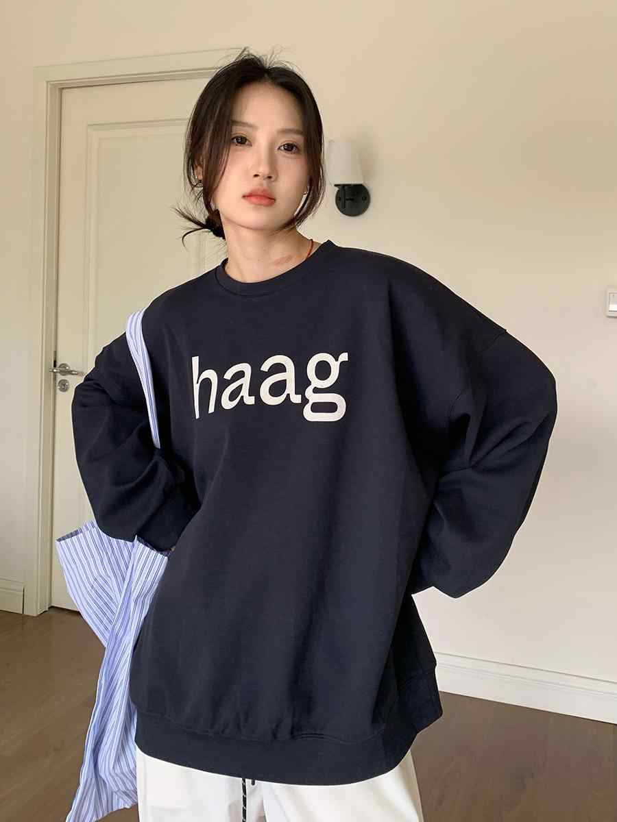 Loose thin pullover letter oversized hoodie for women, autumn outfit with plush versatile round neck_voghion.com