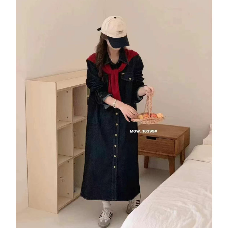 2026 년 이른 가을 새로운 레트로 항구 바람 캐주얼 다용도 데님 셔츠 롱 스커트 루즈핏 점프 슈트 치마 숄