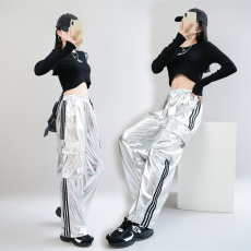 批发潮牌爵士舞服炸街套装露脐JAZZ<b class='q'>街舞</b>演出服舞蹈走秀宽松亮面阔腿裤