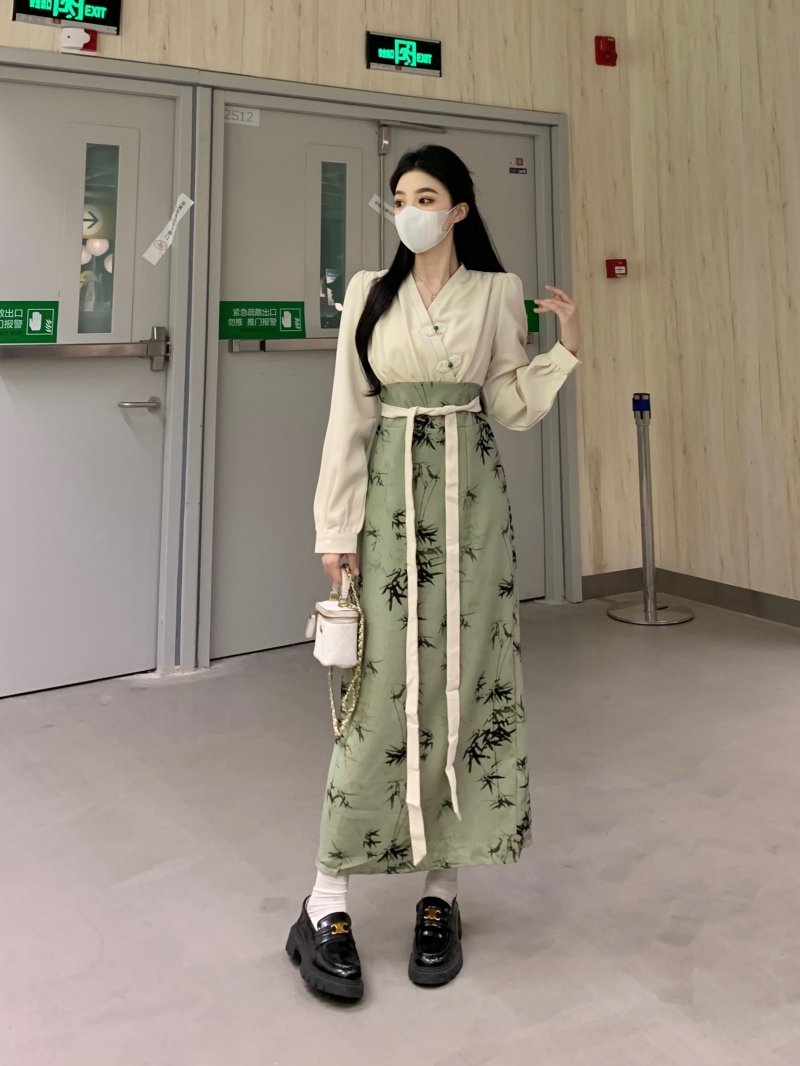 PF26104# 大码女装复古改良古风汉服年轻秋冬拼接收腰长袖新中式气质连衣裙