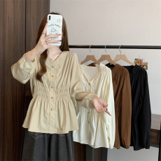 批发实拍大码女装2025春季新款显瘦收腰松紧褶皱长袖衬衫上衣