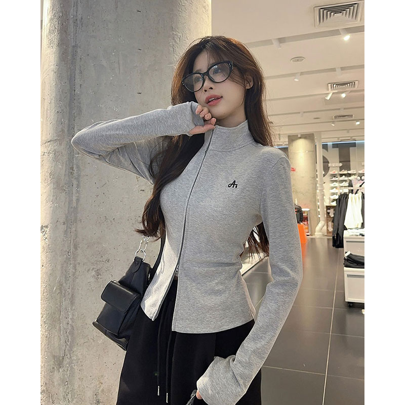 순면 원본 품질 반하이넥 더블 지퍼 긴팔 티셔츠 가을 몸매 가꾸기 슬림해 보이는 다용도 맨위