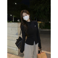 批发晨领纯棉原版品质半高领双拉链长袖t恤秋季<b class='q'>修身</b>显瘦百搭上衣