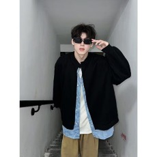 批发原版1：1 慵懒风韩系条纹假两件开衫卫衣男后开叉设计ins长袖外套