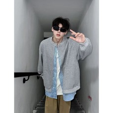 批发原版1：1 慵懒风韩系条纹假两件开衫卫衣男后开叉设计ins长袖外套