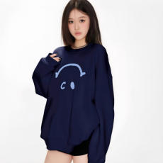 批发美式复古设计感卫衣圆领连帽笑脸休闲套头情侣外套宽松落肩袖帽衫