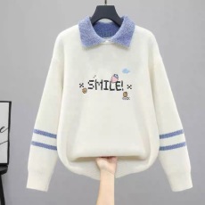 批发毛衣女2024秋冬少女初中高中学生大童娃娃领假两件加绒加厚打底衫