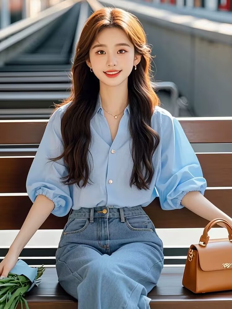 파란색 거품 소매 셔츠 품격 달콤함 부드러운 첨부 된 의류 빛 요리 한 프랑스식 작은 대중 외국 가스 고급 Chic 작은 셔츠