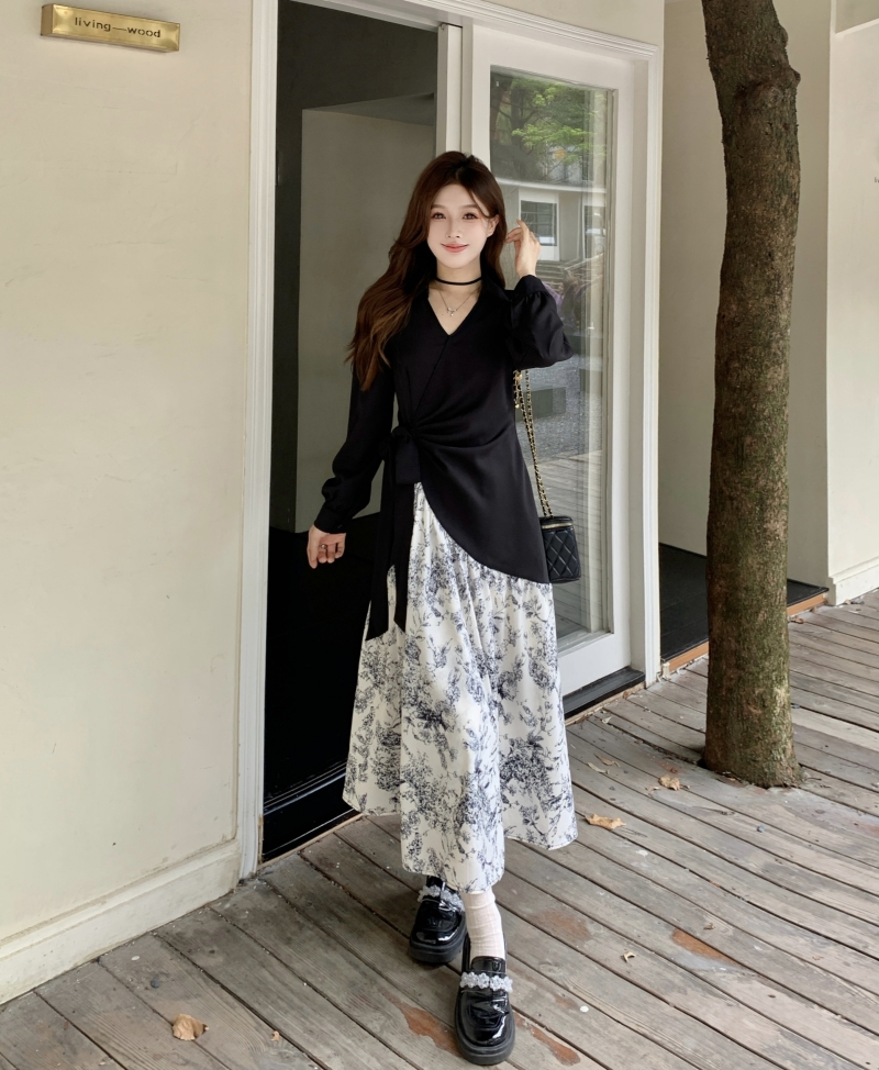 실사 있음 안감 프랑스식 롱 스커트 봄 허리 수축 슬림해 보이는 디자인 센스 수묵화 꽃 패치워크 긴팔 여성 드레스