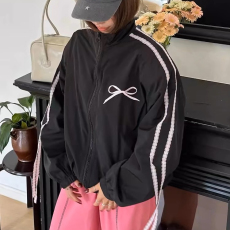 批发韩国chic秋季复古减龄刺绣蝴蝶结印花拼接花边设计百搭<b class='q'>长袖</b>外套女