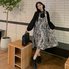 批发实拍~春季新款法式假两件水墨花色宽松大码连衣裙小众高级感