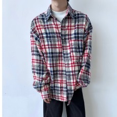 批发宽松<b class='q'>韩</b>版休闲复古撞色磨破设计感美式高街格纹长袖衬衫外套潮秋季