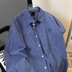 批发蓝色格子衬衫长袖男生日系休闲宽松衬衣春秋季外套2024新款上衣