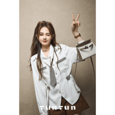 批发吞吞TUNT秋冬折角信文艺电影感 千鸟格收腰设计感领带衬衫