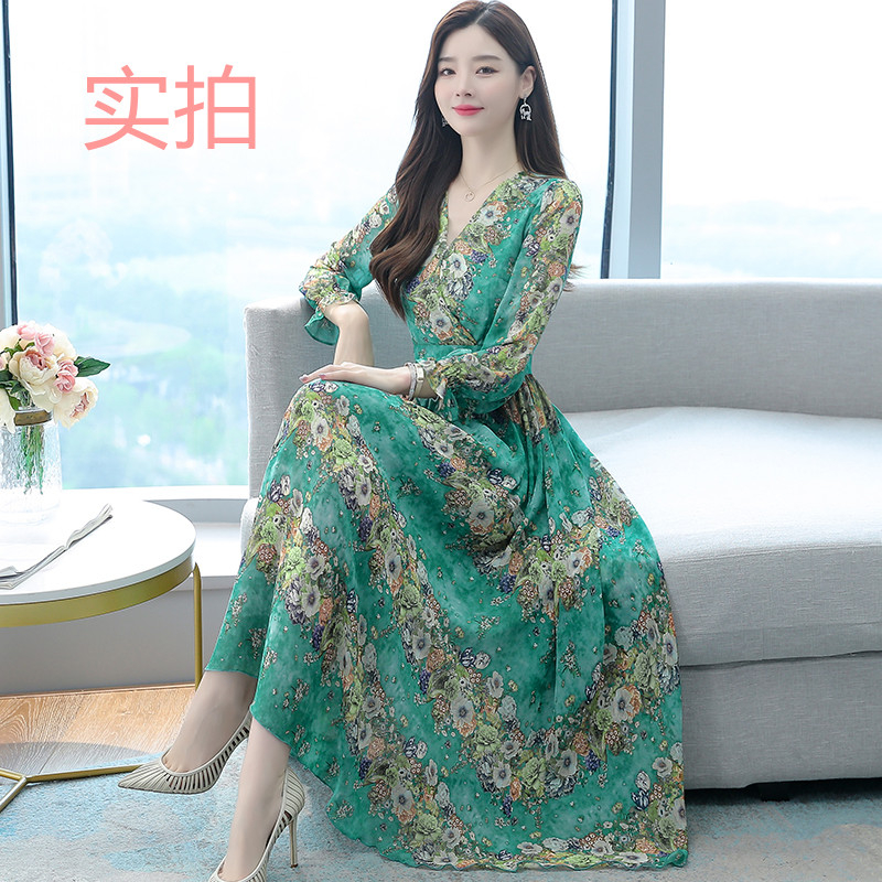 PF23693#新款长袖定位印花连衣裙女V领收腰气质中长裙子女裝貨源服裝批發