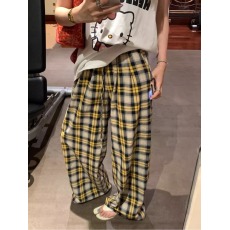 批发垂感抽绳格子阔腿裤女春秋<b class='q'>韩</b>版高腰显瘦直筒裤宽松百搭休闲拖地裤