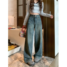 批发窄版阔腿牛仔裤女2026年新款春秋复古高腰显瘦直筒小个子拖地<b class='q'>裤子</b>