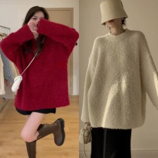 批发车厘子红色新年<b class='q'>毛衣</b>女秋冬宽松外穿慵懒风复古加厚套头针织衫上衣