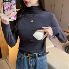 批发实拍 秋冬加厚加绒保暖哺乳T恤产后半高领百搭显瘦喂奶打底衣