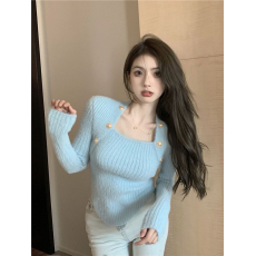 批发抖音天猫品质纯欲方领毛衣女秋冬软糯短款设计感内搭低领打底衫
