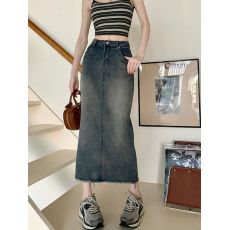 批发官图大码<b class='q'>牛仔</b>半身裙女夏季高腰显瘦美式复古毛边直筒裙辣妹包臀